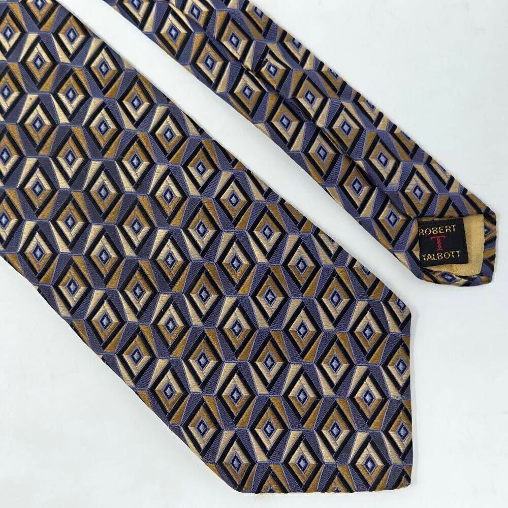 ROBERT TALBOTT BEST OF CLASS SILK TIE BLUE GOLD DIAMONDS TEXTURED 3.75" X 58"